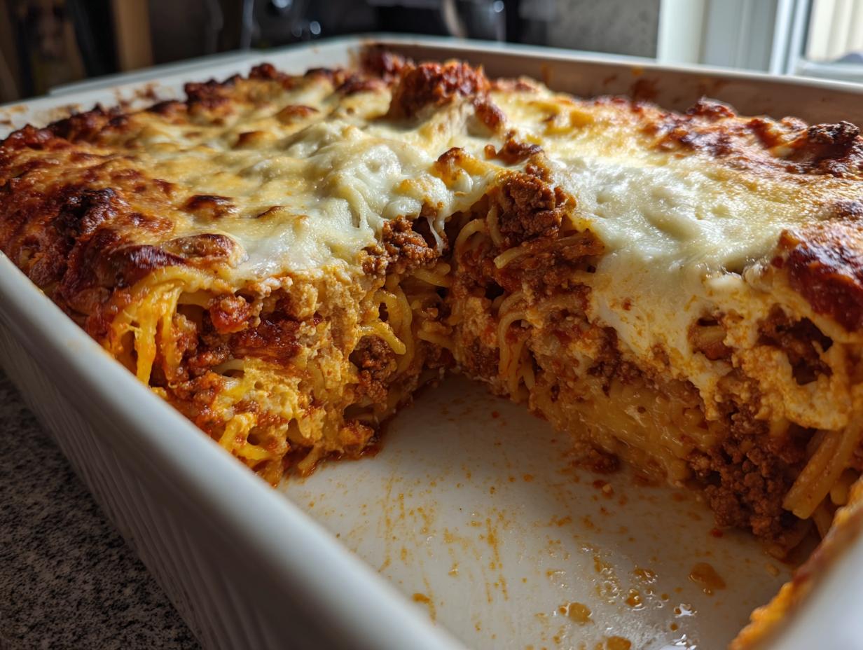 A close-up of a creamy baked spaghetti casserole with a rich meat sauce and melted cheese topping.