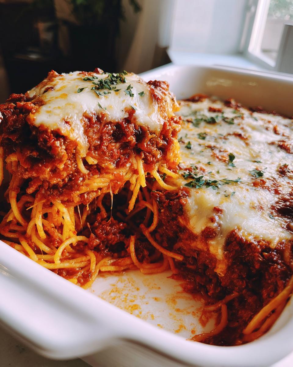 A serving of creamy baked spaghetti casserole with rich meat sauce and melted mozzarella cheese, garnished with parsley.