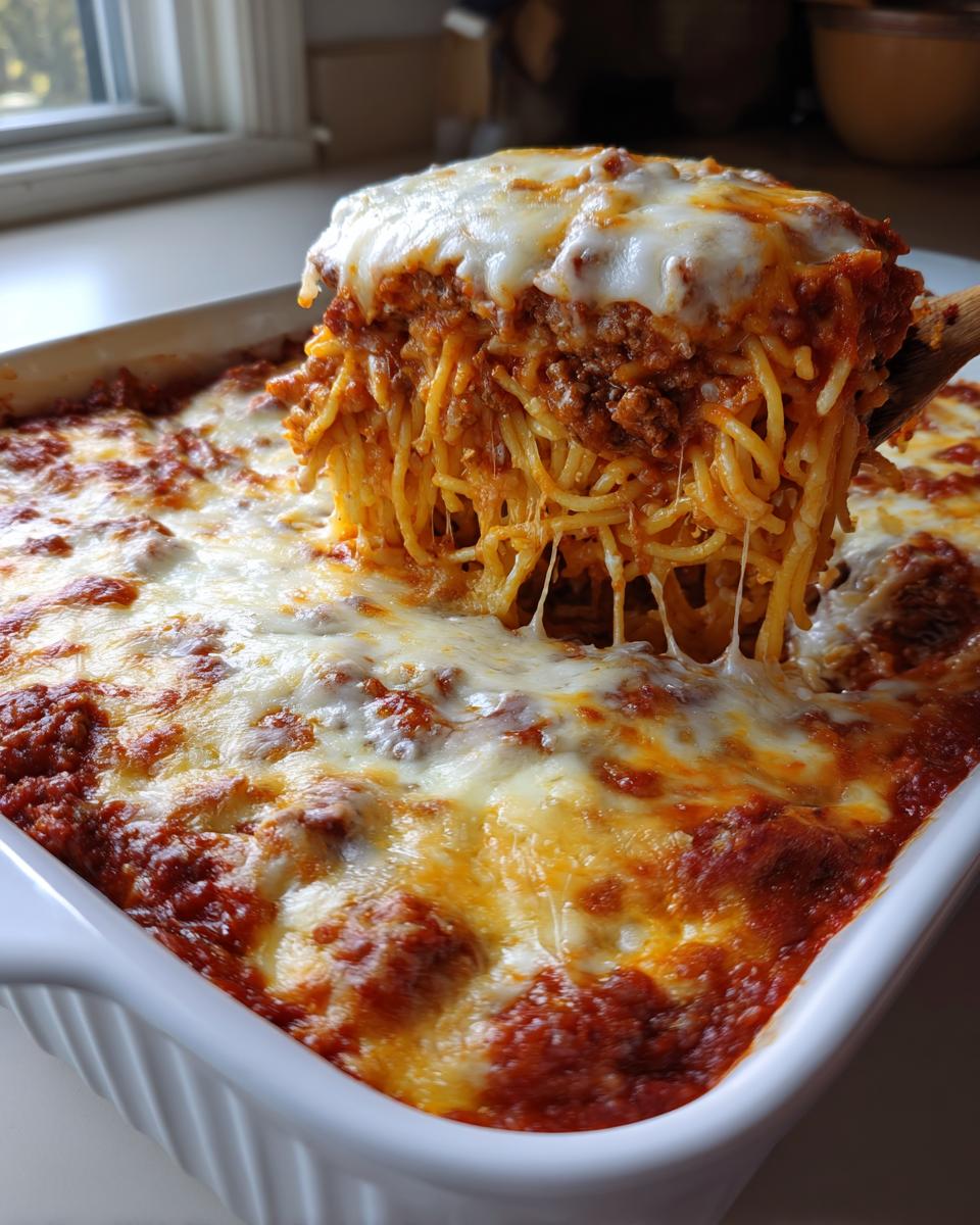 A spoonful lifting a cheesy, saucy portion of creamy baked spaghetti casserole from a white baking dish.