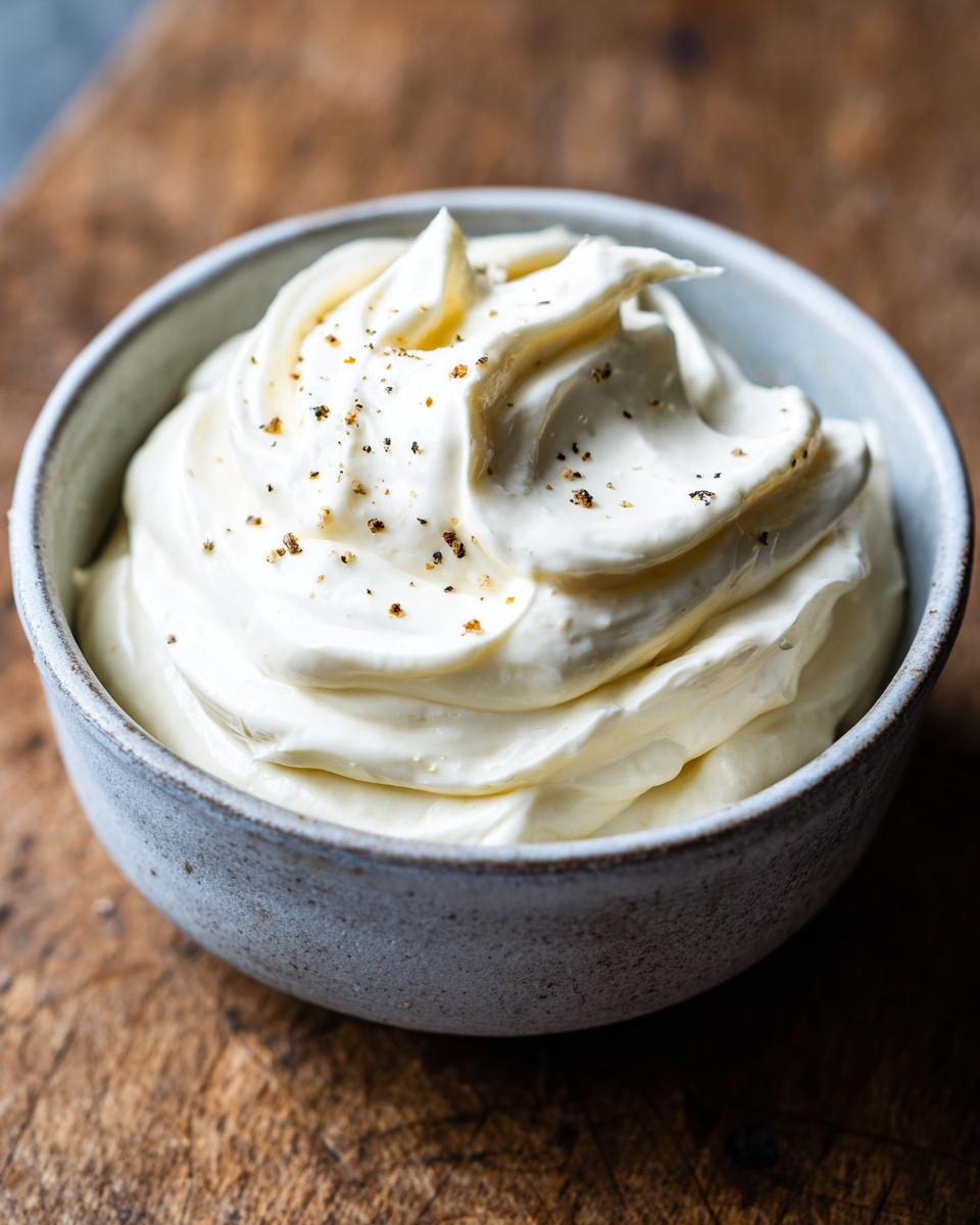 A close-up shot of creamy garlic aioli swirled in a rustic bowl, sprinkled with black pepper.