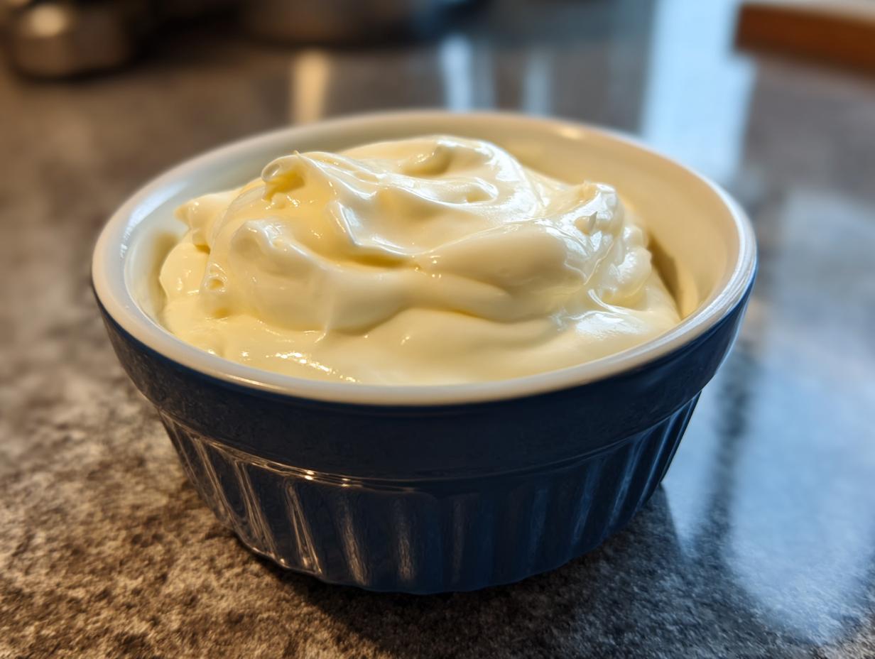 A close-up of creamy garlic aioli served in a blue ramekin, showcasing its smooth texture.