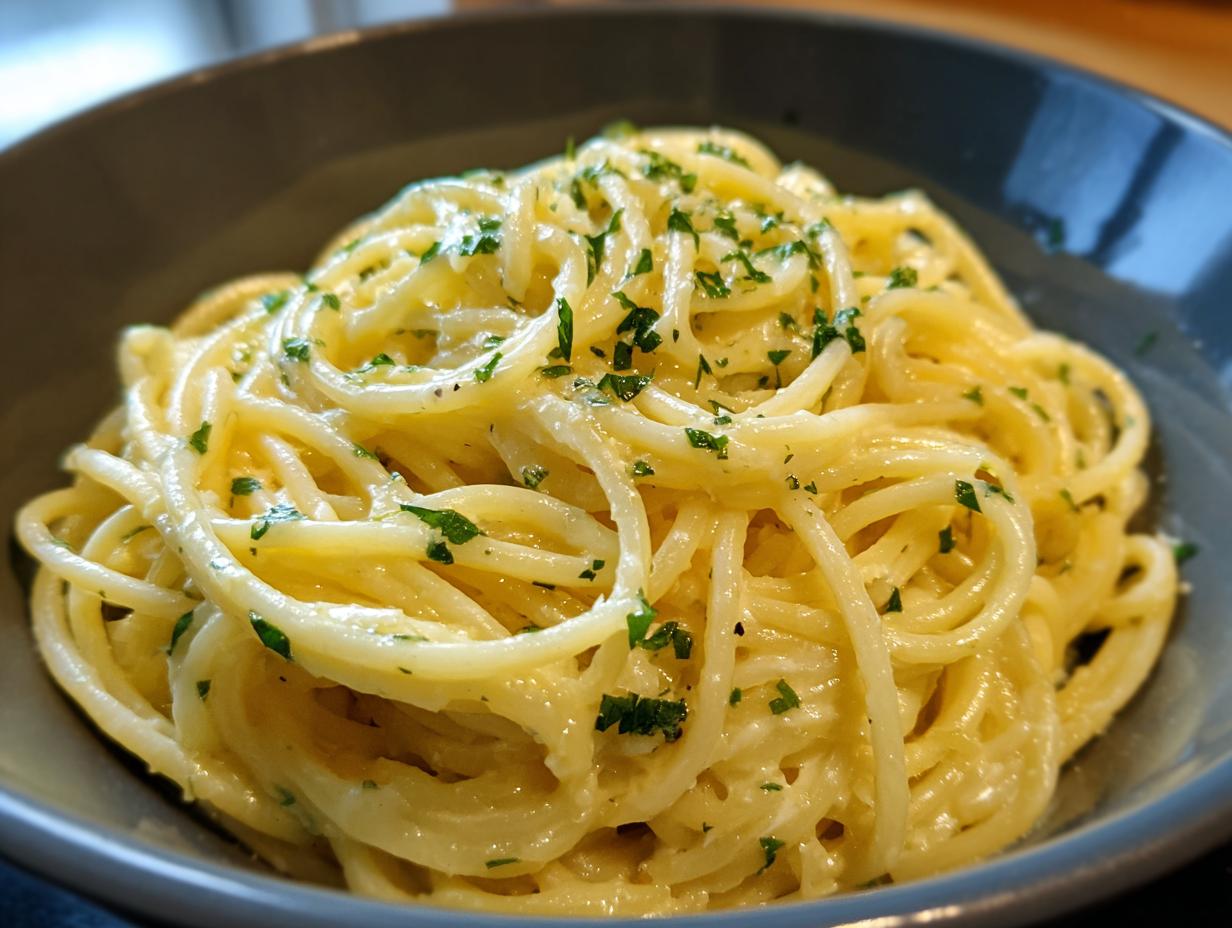 A close-up of a bowl of delicious Creamy Lemon Pasta, tossed with fresh parsley.