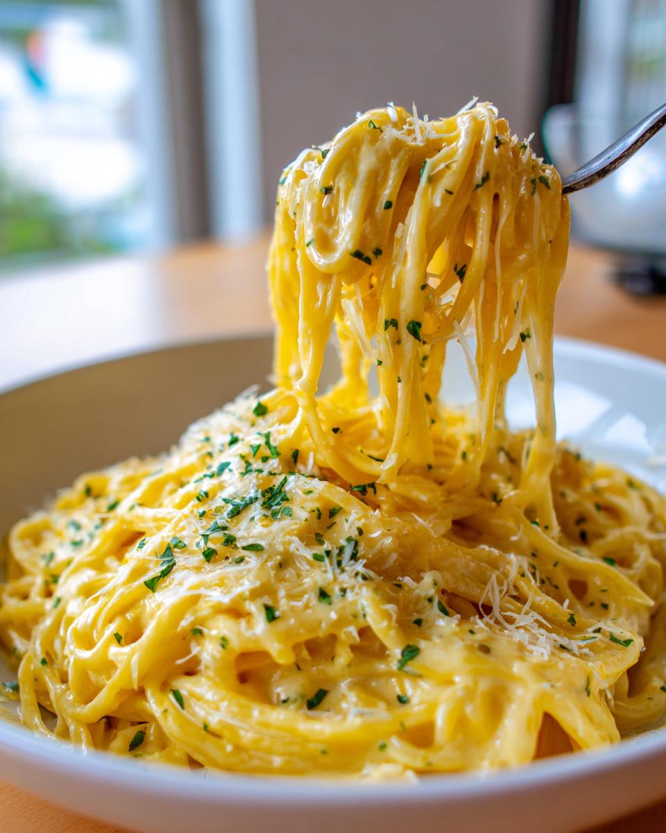A fork lifting a swirl of creamy lemon pasta, topped with grated cheese and parsley.