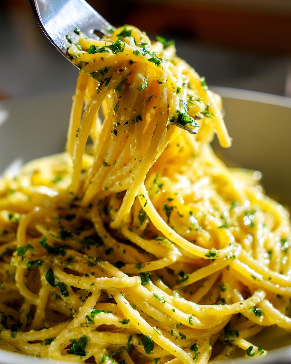 A fork lifts a swirl of creamy lemon pasta, generously coated in sauce and fresh parsley.