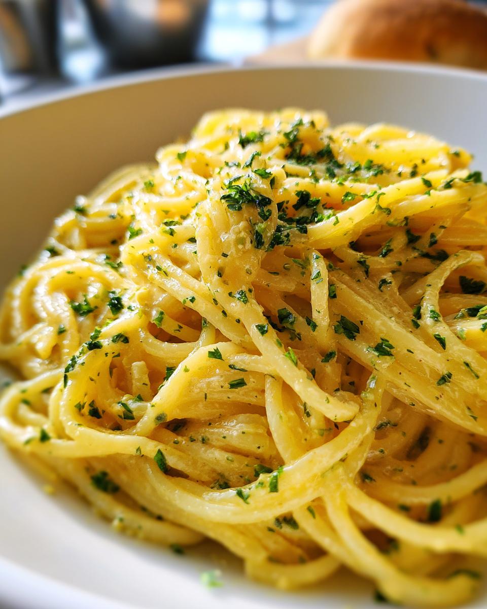 A close-up of a bowl of Creamy Lemon Pasta, coated in a rich sauce and sprinkled with fresh parsley.