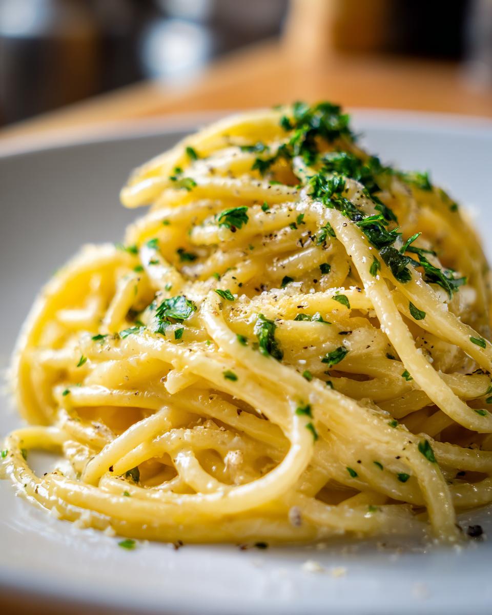 A close-up of a plate of creamy lemon pasta, garnished with fresh parsley and grated cheese.