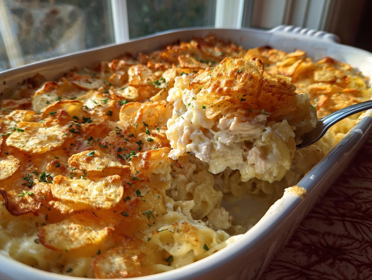 A spoonful of creamy Tuna Casserole with pasta, tuna, and a crispy potato chip topping, garnished with parsley.