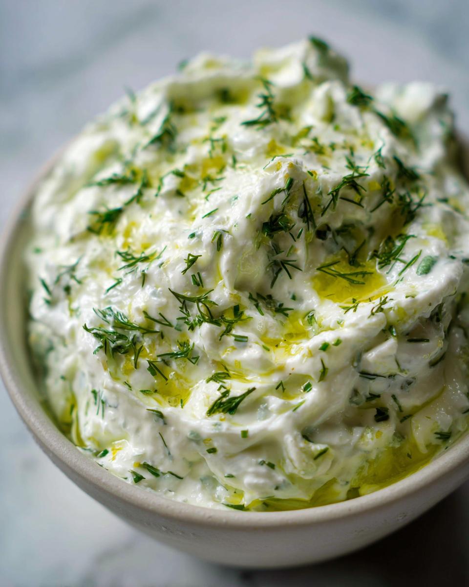 Close-up of a bowl of creamy Tzatziki sauce, drizzled with olive oil and topped with fresh dill.
