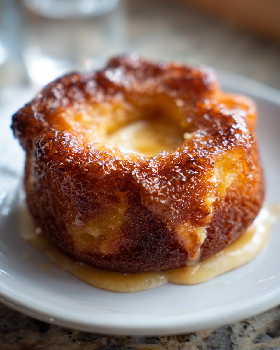 A close-up of a golden-brown creme brulee donut with a glossy caramel glaze, served on a white plate.