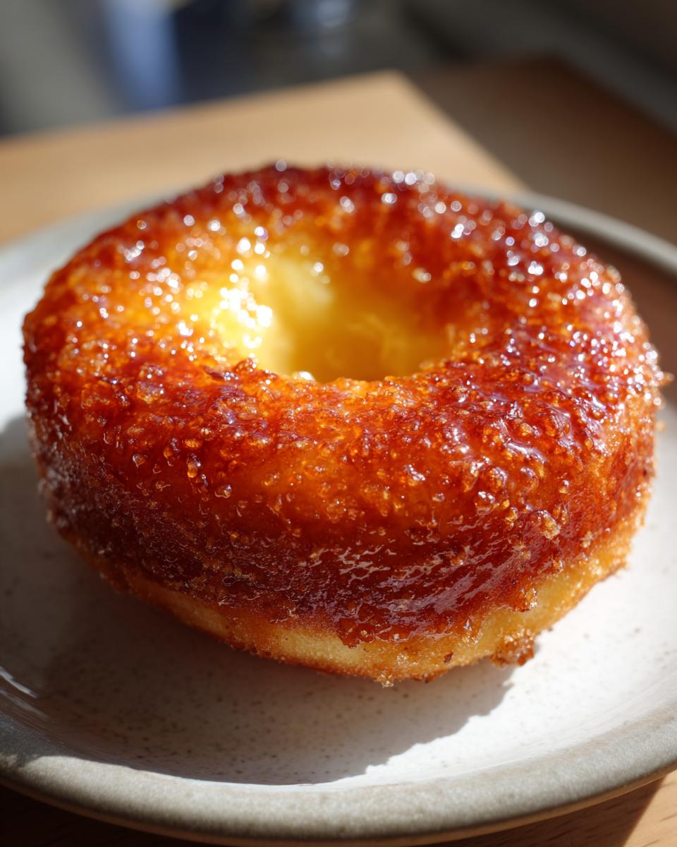Close-up of a single creme brulee donut with a glistening, caramelized sugar topping.