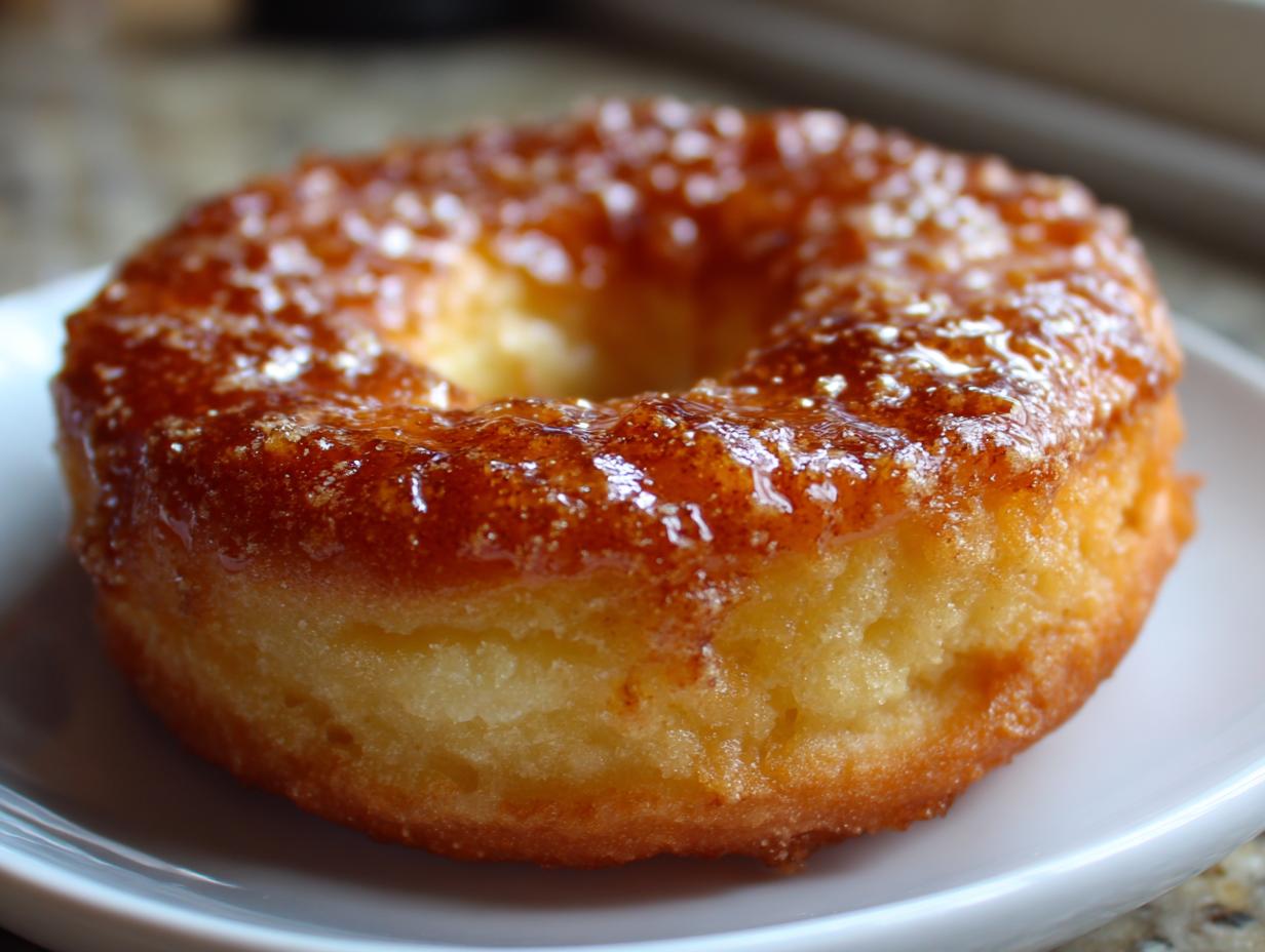 Close-up of a single creme brulee donut with a glistening, caramelized sugar topping.