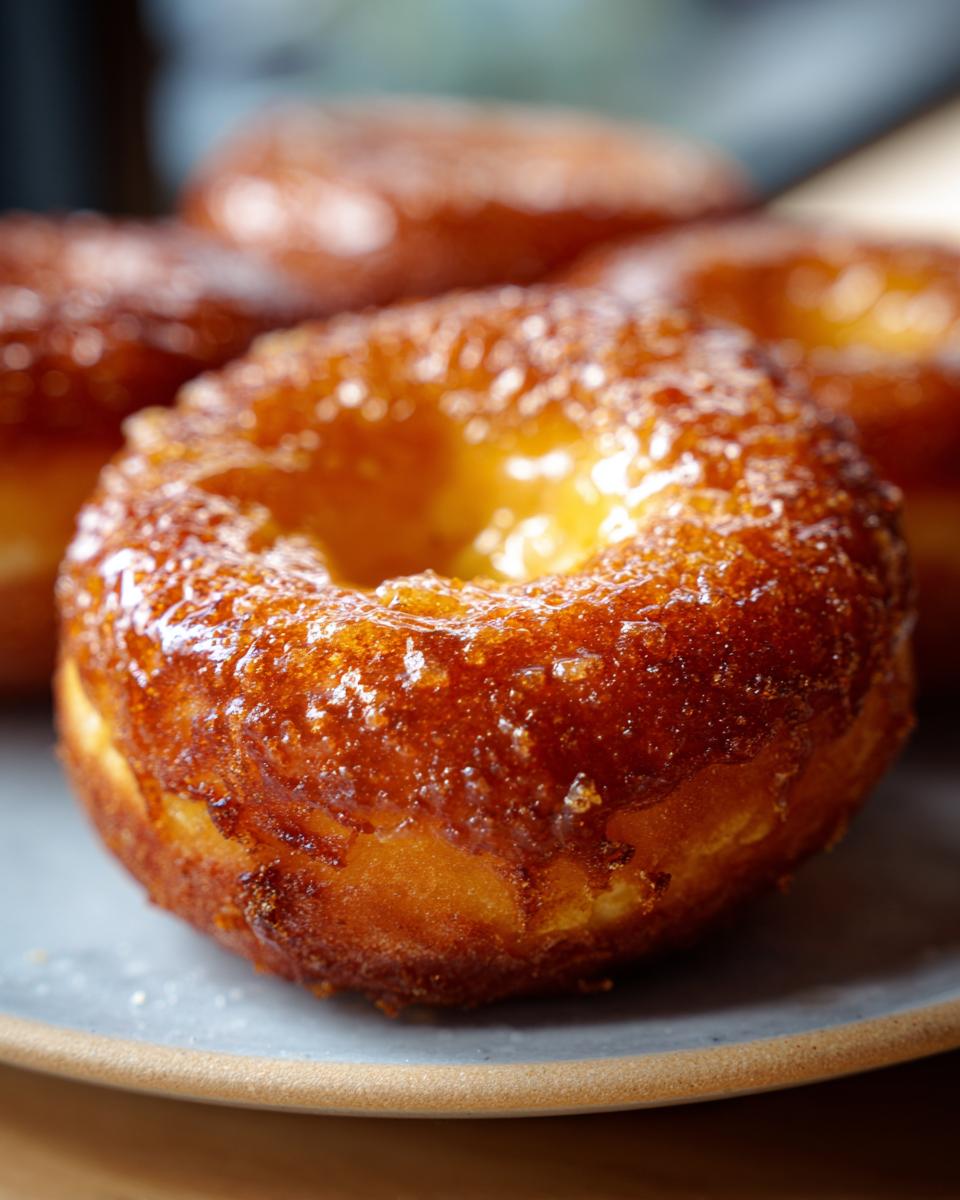Close-up of a perfectly golden creme brulee donut with a glistening caramelized sugar glaze.