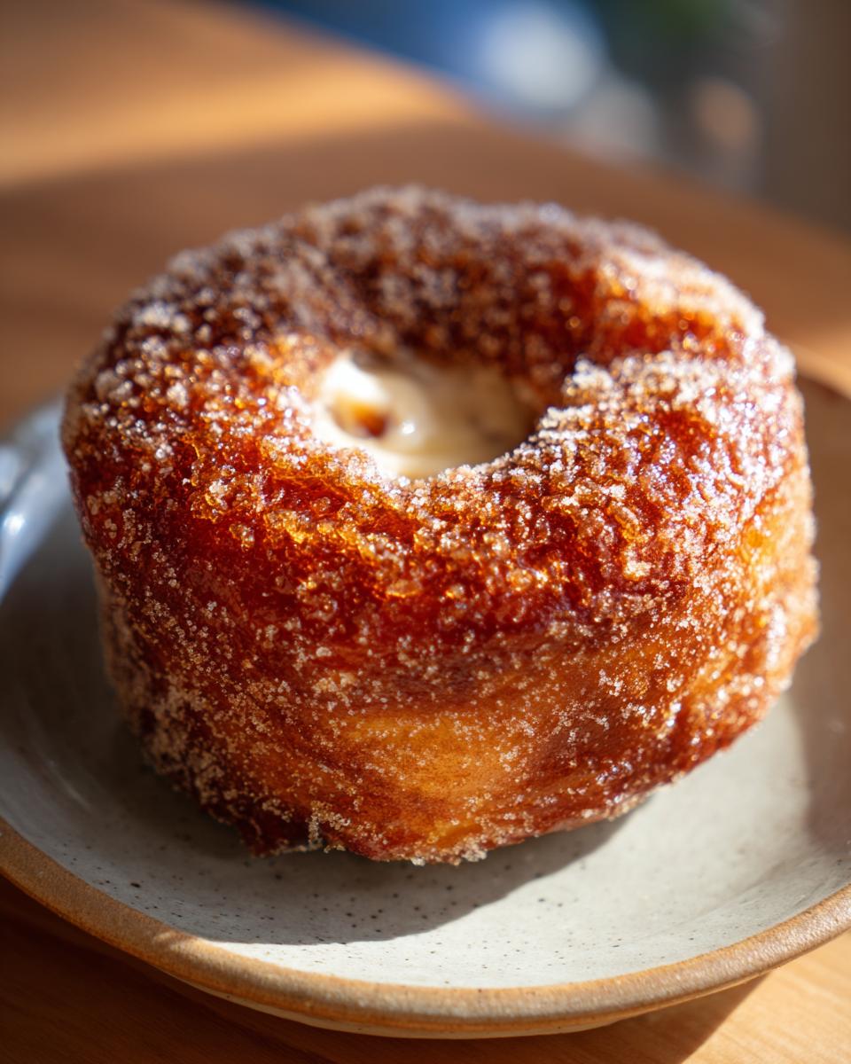 A close-up of a golden-brown creme brulee donut, coated in sugar and filled with creamy custard.