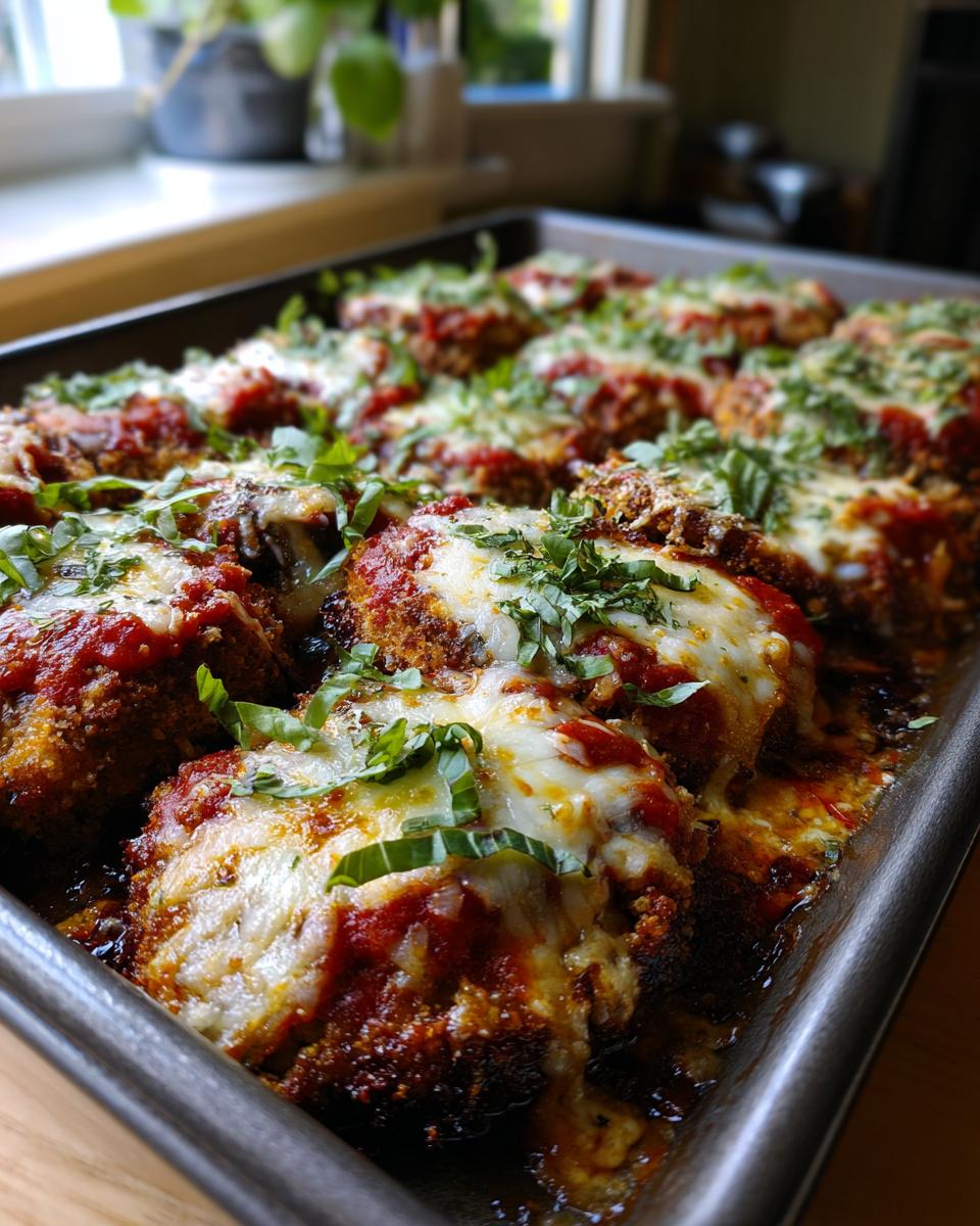 A baking dish filled with golden brown, crispy eggplant parmesan topped with marinara sauce, melted mozzarella, and fresh basil.