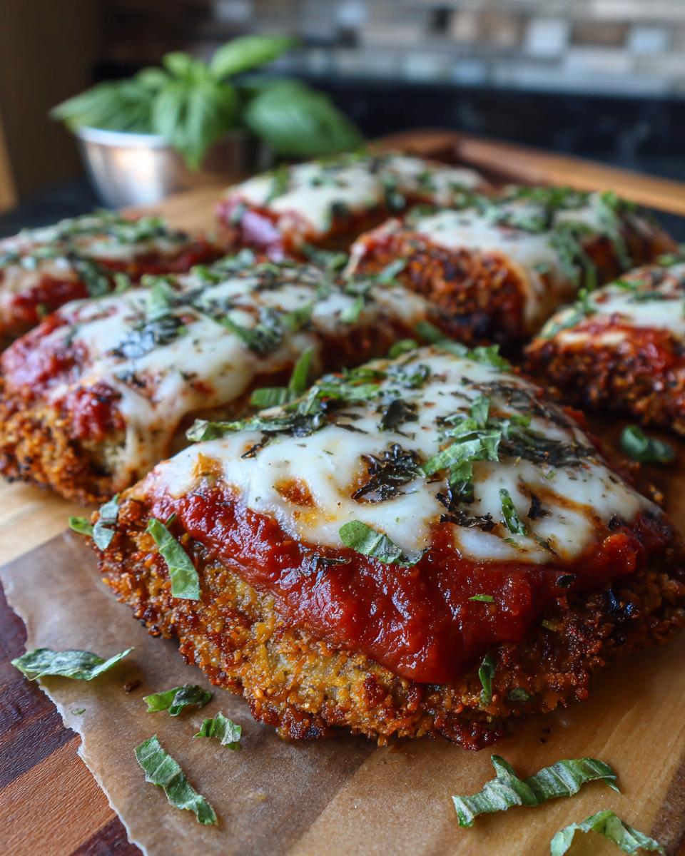 Close-up of crispy baked Eggplant Parmesan slices topped with marinara sauce and melted mozzarella cheese, garnished with fresh basil.