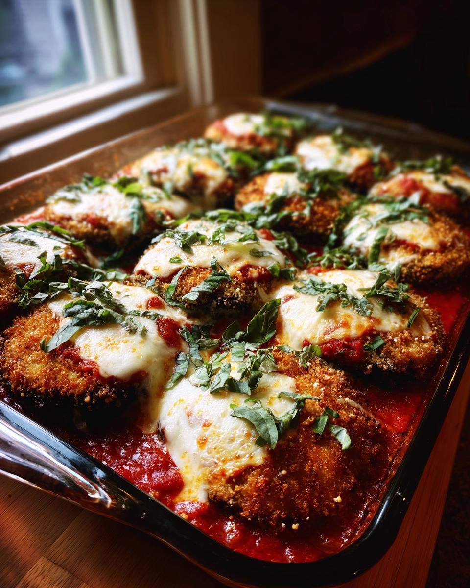 A close-up shot of a baking dish filled with crispy Eggplant Parmesan topped with melted mozzarella and fresh basil.