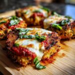 Close-up of a crispy baked eggplant parmesan slice topped with marinara sauce, melted mozzarella, and fresh basil.