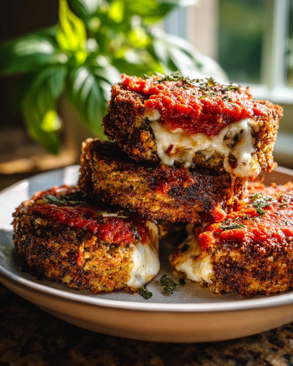 Stack of crispy fried Eggplant Parmesan slices topped with marinara sauce and melted mozzarella cheese.