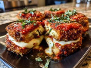 Close-up of crispy Eggplant Parmesan stacks, oozing with melted mozzarella and topped with marinara sauce and fresh basil.