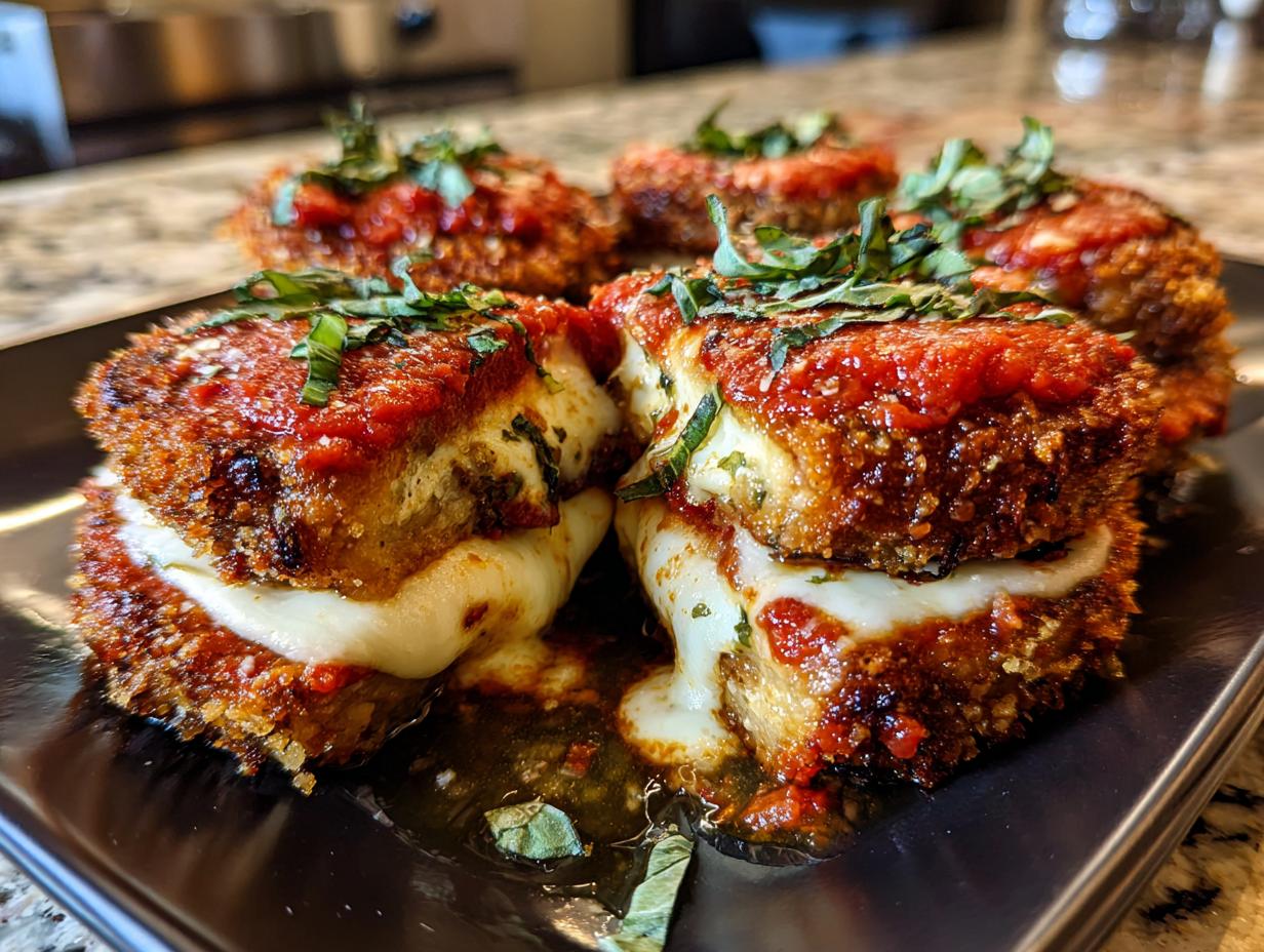 Close-up of crispy Eggplant Parmesan stacks, oozing with melted mozzarella and topped with marinara sauce and fresh basil.