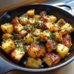 A close-up shot of golden brown, crispy garlic skillet potatoes, seasoned with fresh herbs and garlic.