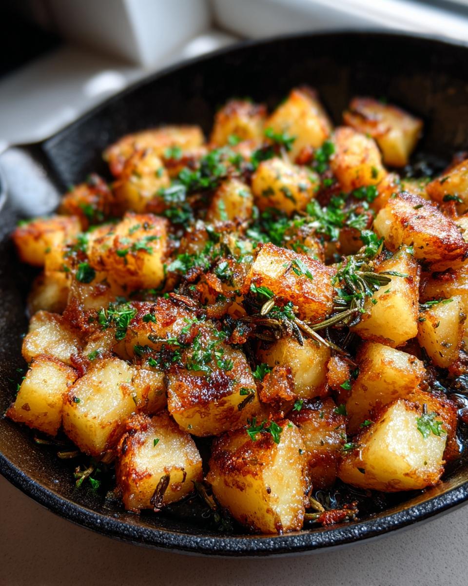Close-up of golden brown crispy garlic skillet potatoes seasoned with herbs in a cast iron pan.