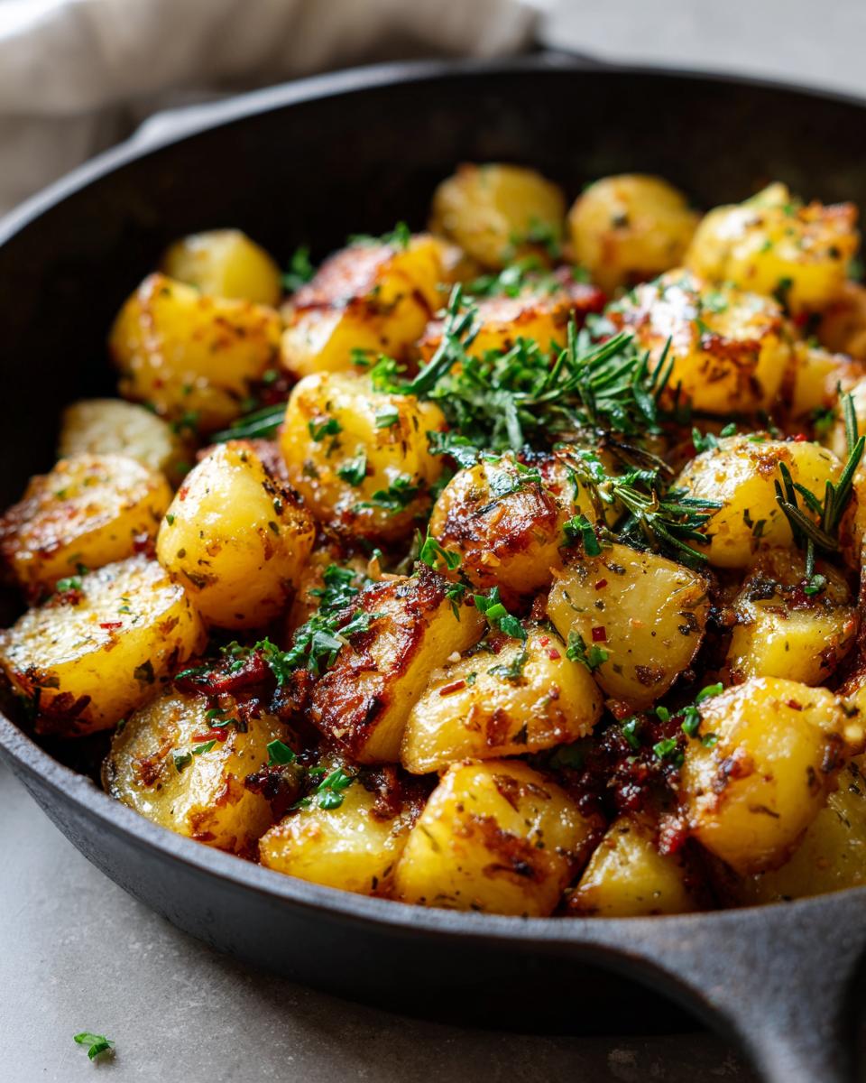 Golden brown crispy garlic skillet potatoes seasoned with herbs and spices, served in a cast iron pan.