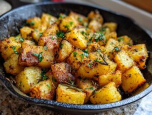 Close-up of golden brown crispy garlic skillet potatoes seasoned with herbs in a cast iron pan.