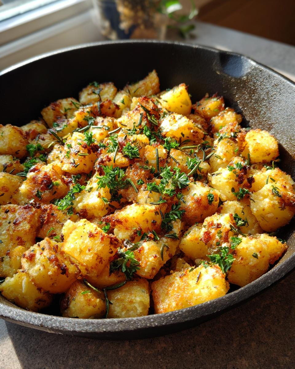 Close-up of golden-brown crispy garlic skillet potatoes, garnished with fresh herbs, in a cast iron pan.