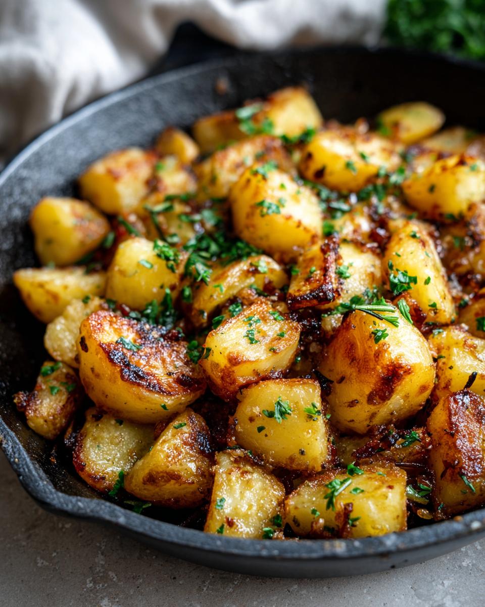 Close-up of golden brown crispy garlic skillet potatoes, seasoned with herbs, in a cast iron pan.