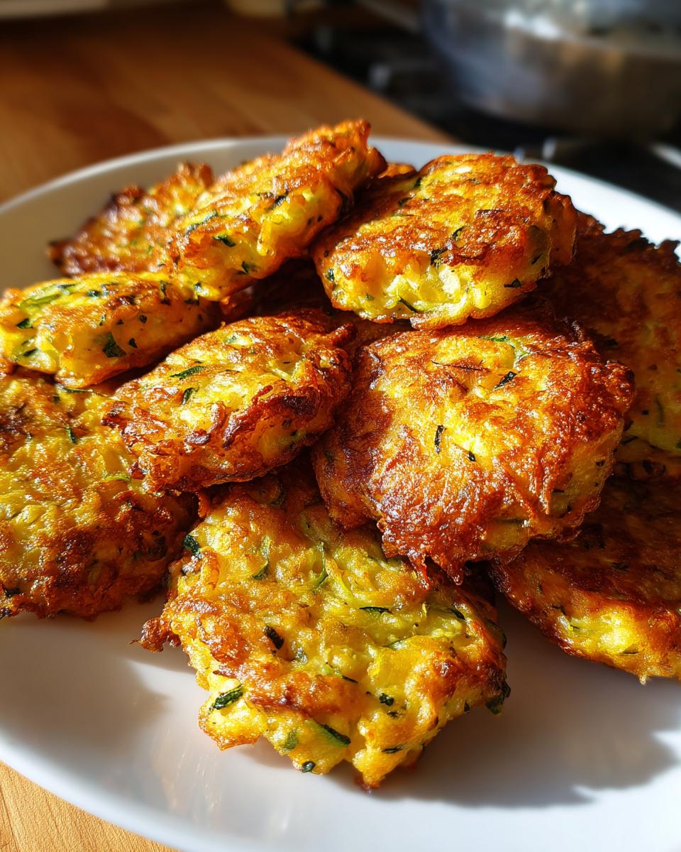 A close-up of a pile of golden-brown, crispy zucchini fritters on a white plate.