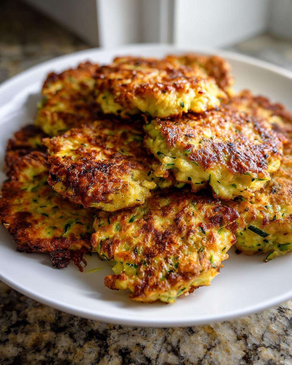 A pile of golden-brown, crispy zucchini fritters on a white plate, showcasing their texture.