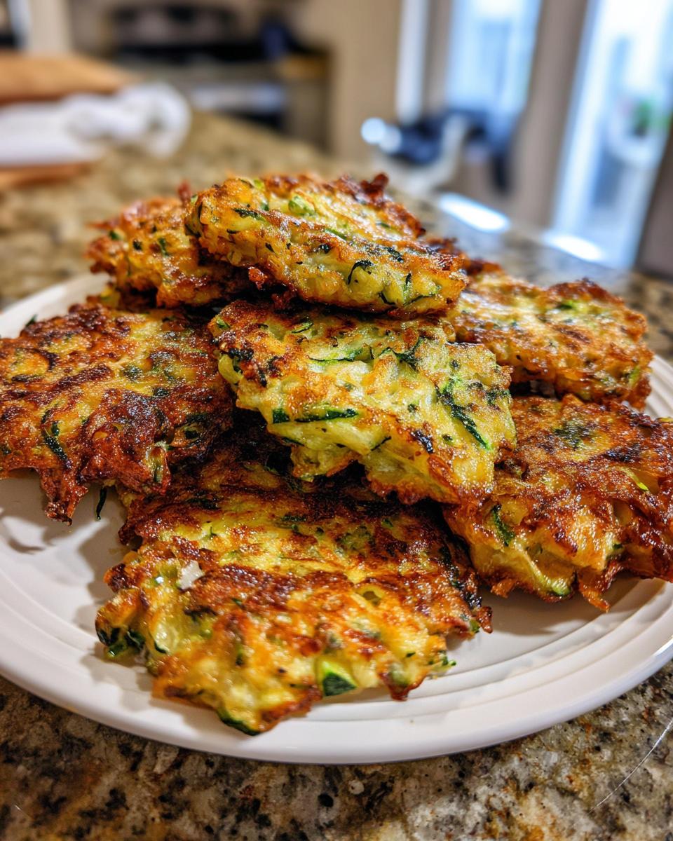 A close-up of a stack of golden-brown, crispy zucchini fritters on a white plate.