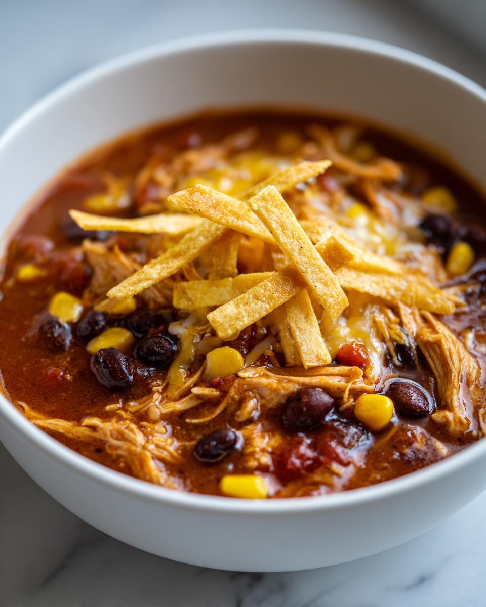 A close-up of a white bowl filled with Crockpot Chicken Enchilada Soup, topped with cheese and tortilla strips.