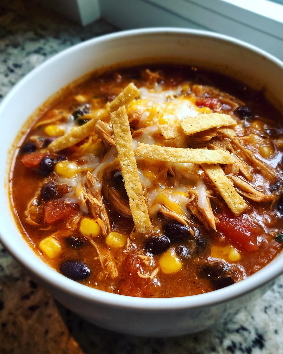 A close-up of a bowl of Crockpot Chicken Enchilada Soup topped with melted cheese and tortilla strips.