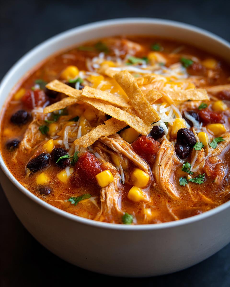 A close-up of a white bowl filled with Crockpot Chicken Enchilada Soup, topped with shredded cheese, tortilla strips, and cilantro.