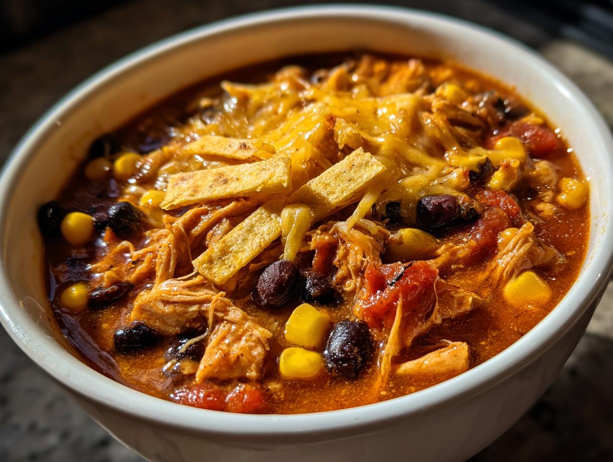 A bowl of Crockpot Chicken Enchilada Soup topped with shredded cheese, tortilla strips, black beans, and corn.