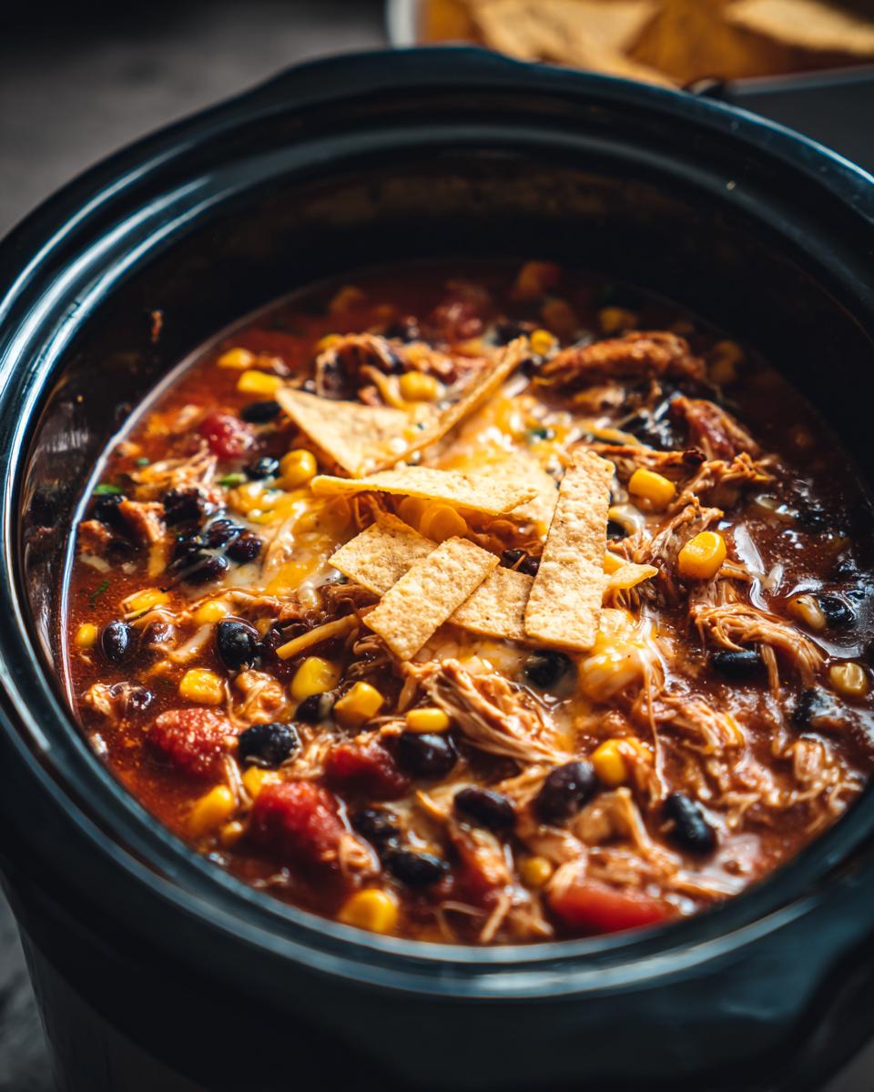 A close-up view of Crockpot Chicken Enchilada Soup filled with shredded chicken, black beans, corn, tomatoes, and topped with tortilla strips and melted cheese.