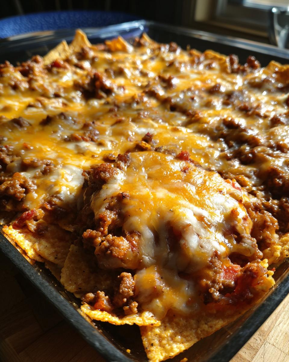 Close-up of a bubbling Dorito Casserole topped with melted cheese and seasoned ground beef.