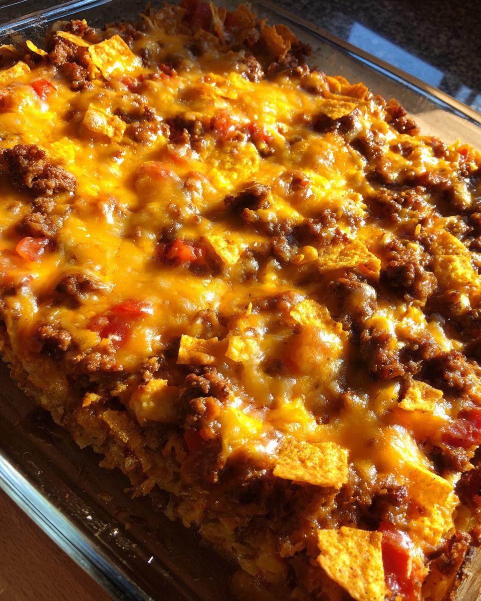 Close-up of a freshly baked Dorito Casserole in a glass dish, topped with melted cheese and seasoned ground beef.