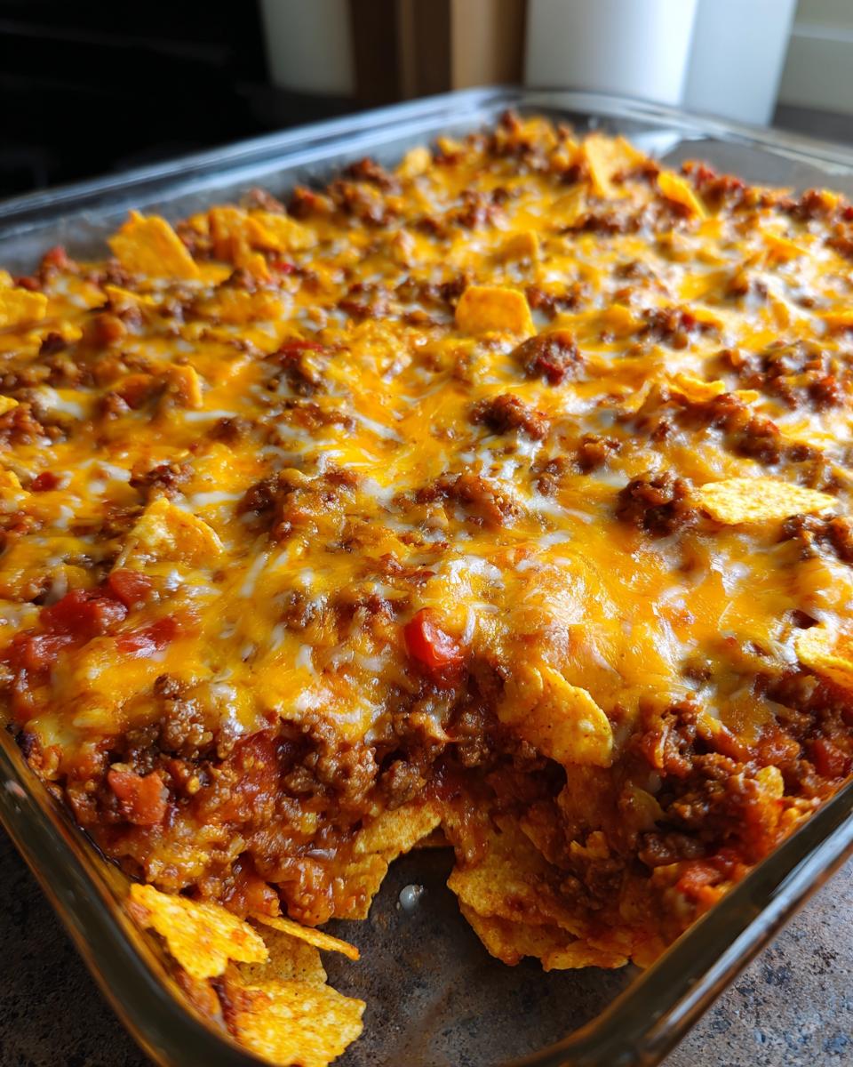 A close-up of a freshly baked Dorito Casserole in a glass dish, topped with melted cheese and ground meat.