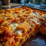 A close-up of a freshly baked Dorito Casserole, topped with melted cheese and crushed Doritos.