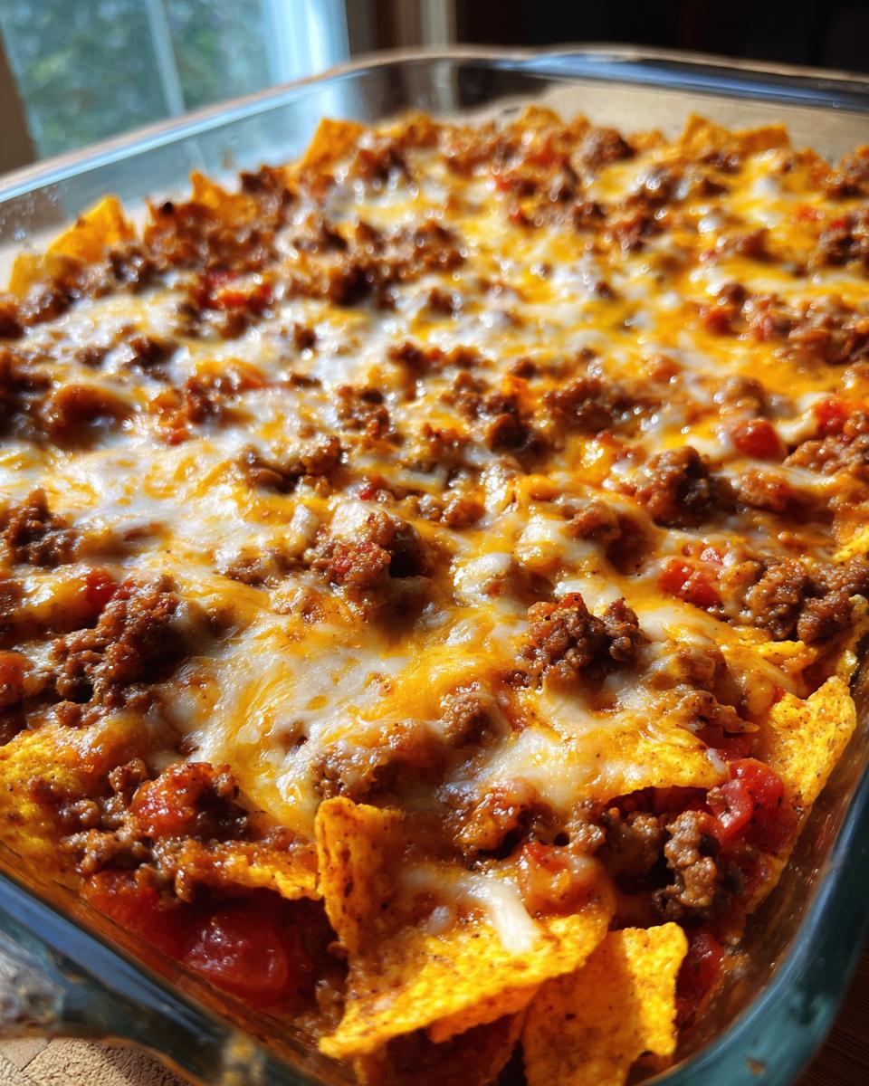 Close-up of a bubbling Dorito Casserole in a glass dish, topped with seasoned ground beef and melted cheese.