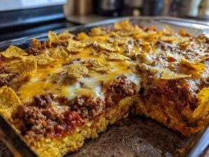 A close-up of a freshly baked Dorito Casserole in a glass baking dish, topped with melted cheese and crushed Doritos.