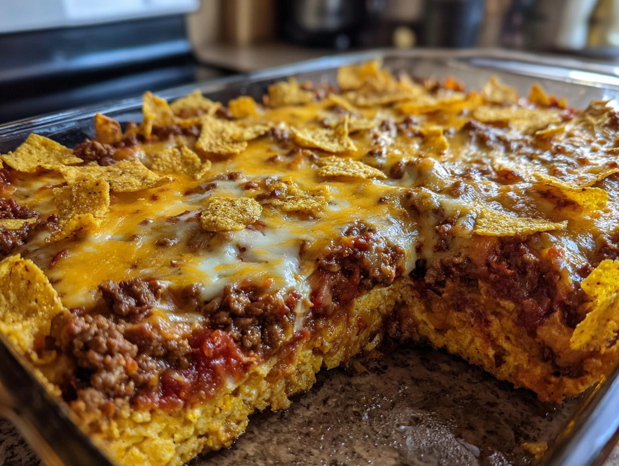 A close-up of a freshly baked Dorito Casserole in a glass baking dish, topped with melted cheese and crushed Doritos.