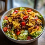 A large white bowl filled with a vibrant Dorito taco salad, featuring lettuce, seasoned ground beef, cherry tomatoes, black olives, and crushed Doritos.