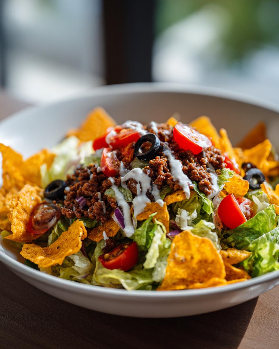 A close-up of a vibrant Dorito Taco Salad in a white bowl, featuring seasoned ground beef, lettuce, tomatoes, olives, and a creamy dressing.