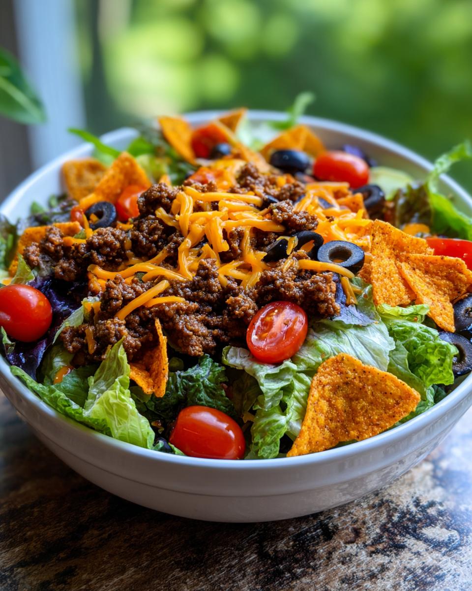 A close-up of a colorful Dorito Taco Salad in a white bowl, featuring lettuce, seasoned ground beef, shredded cheese, cherry tomatoes, and black olives.