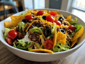 A generous bowl of Dorito Taco Salad filled with lettuce, seasoned ground beef, cherry tomatoes, black olives, shredded cheese, and Doritos.