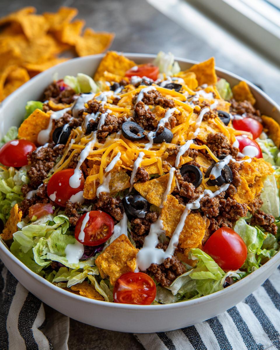 A colorful and delicious Dorito Taco Salad overflowing in a white bowl, topped with seasoned ground beef, shredded cheese, olives, and cherry tomatoes.